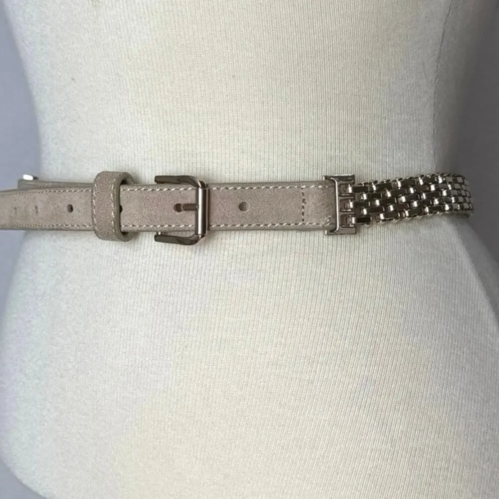 BCBGMaxAzria- Woman's Beige Leather-Trimmed Gold Chain-Link Belt Size Small